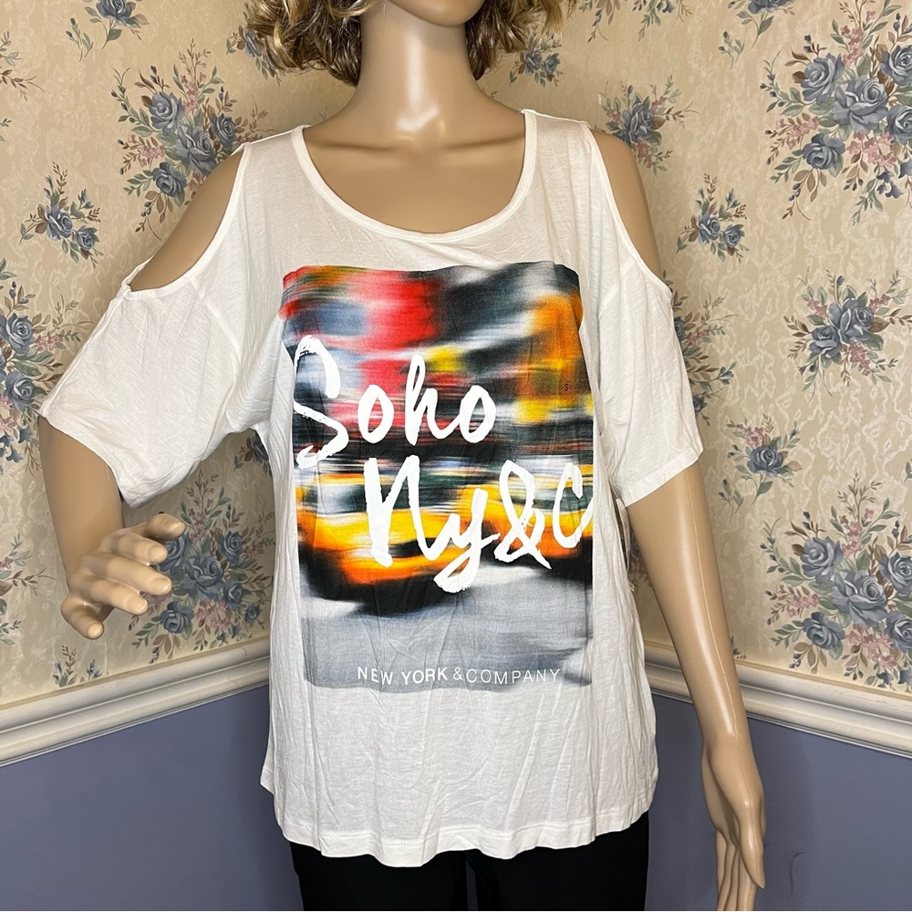 New York & Co Cold Shoulder Soho Ny&c Graphic Print Short Sleeve Top Size S, NWT